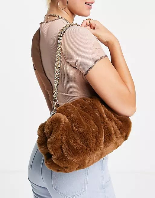 ASOS DESIGN oversized ruched clutch bag in brown faux fur with detachable shoulder chain | ASOS (Global)