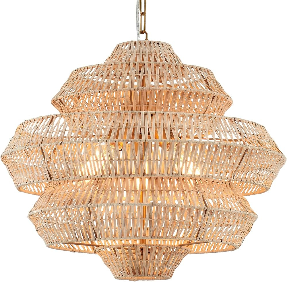 22” Hand Woven Rattan Chandelier 5 Round Adjustable Boho Pendant Light Farmhouse Large Brass Pe... | Amazon (US)