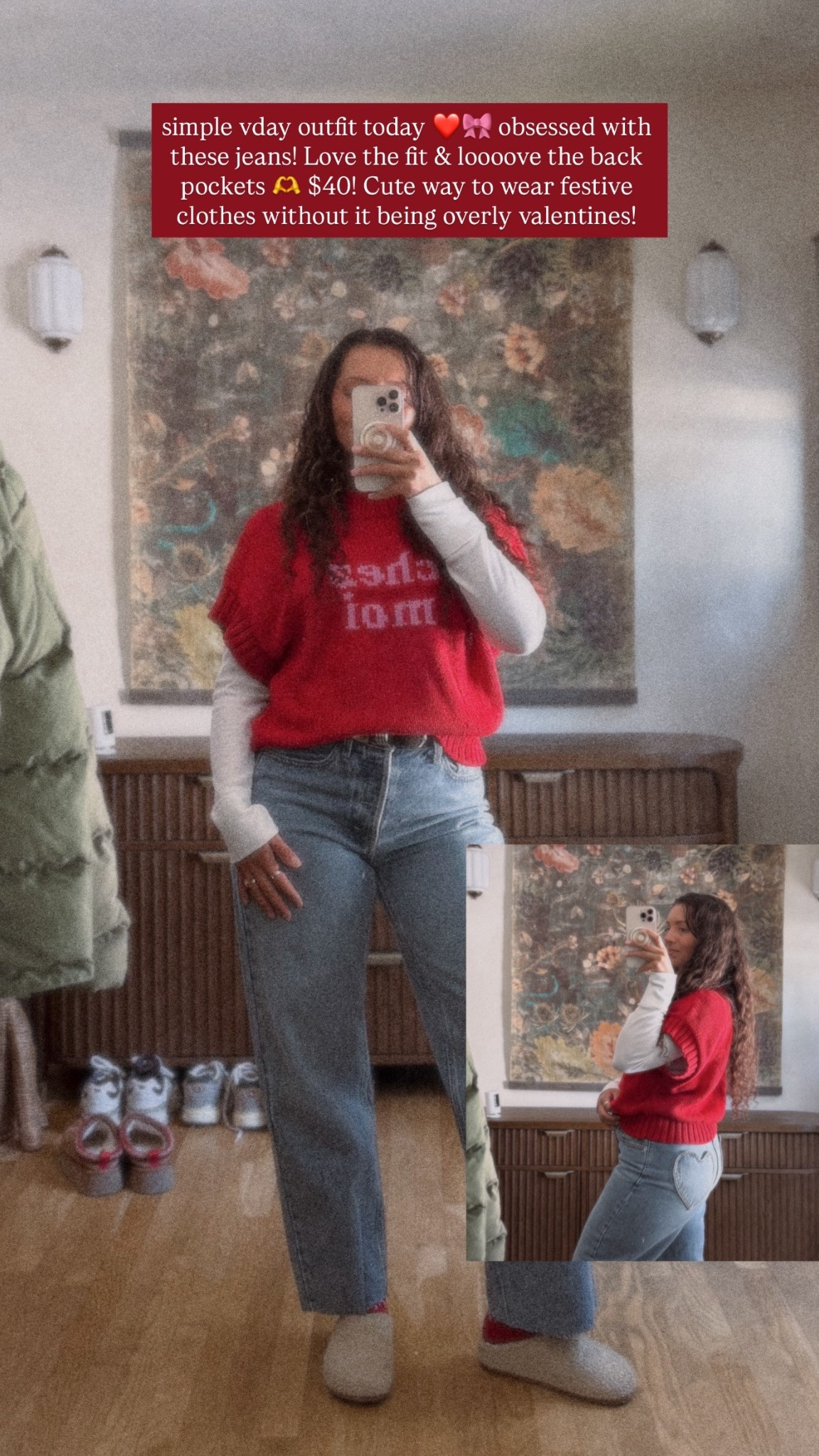 simple vday outfit today ❤️🎀 obsessed with these jeans! Love the fit & loooove the back pockets 🫶 $40! Cute way to wear festive clothes without it being overly valentines!

#LTKdayinmylife #LTKmomlife #LTKValentine