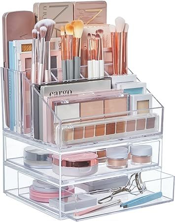 STORi Chloe Stackable Clear Makeup Holder and Double Organizer Drawer Set | Organize Cosmetics an... | Amazon (US)
