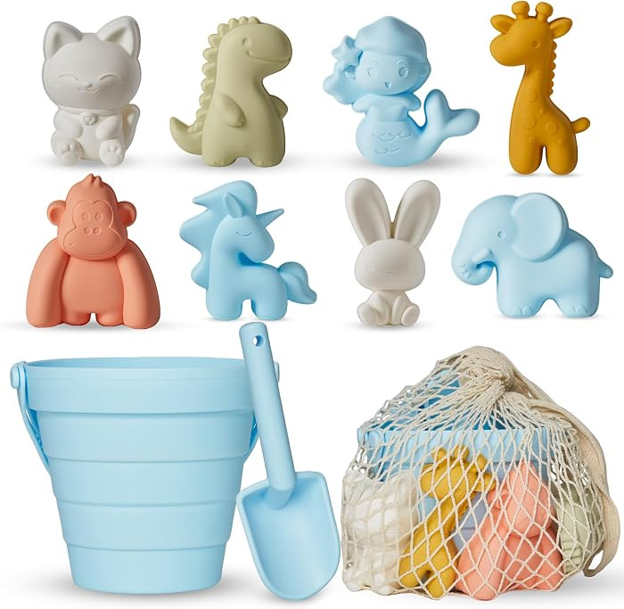 11Pcs Silicone Beach Toys,Collapsible Sand Bucket,Modern Baby Beach Toys,Travel Friendly Beach Set,Silicone Bucket,Shovel,Sand Molds, Beach Bag,Silicone Sand Toys for Toddlers, Kids (Blue) | Amazon (US)