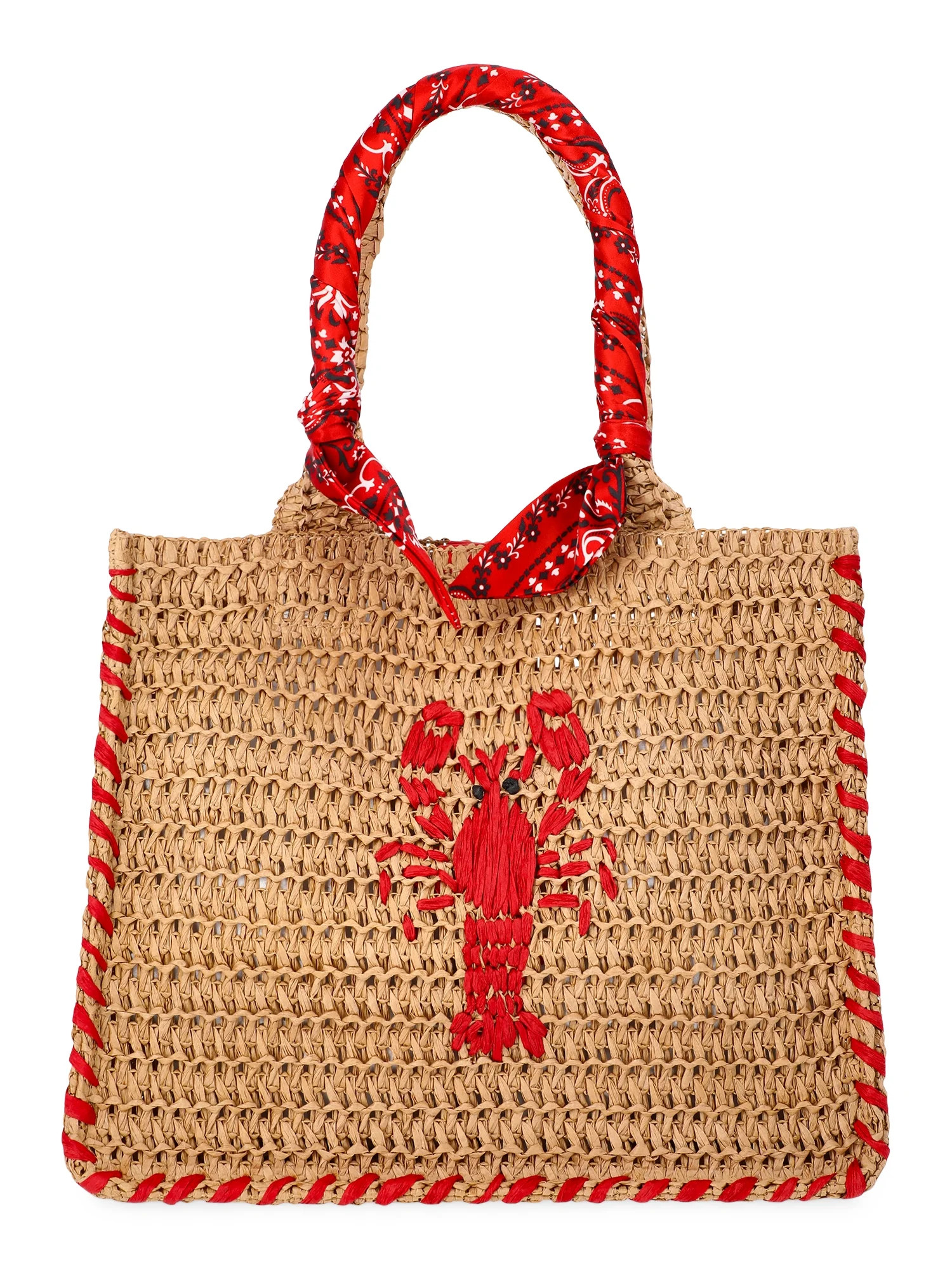 No Boundaries Women's Beach Icons Mini Straw Tote Bag, Natural with Lobster Embroidery | Walmart (US)