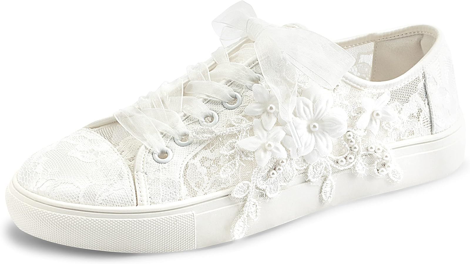 JIAJIA 8836 Wedding Shoes Bridal Sneakers Flats Bride Tennis Shoes Flowers Lace Sneakers | Amazon (US)