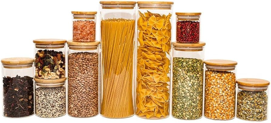 Potes de vidro de mantimentos com tampa de bambu 11 pçs | Amazon (BR)