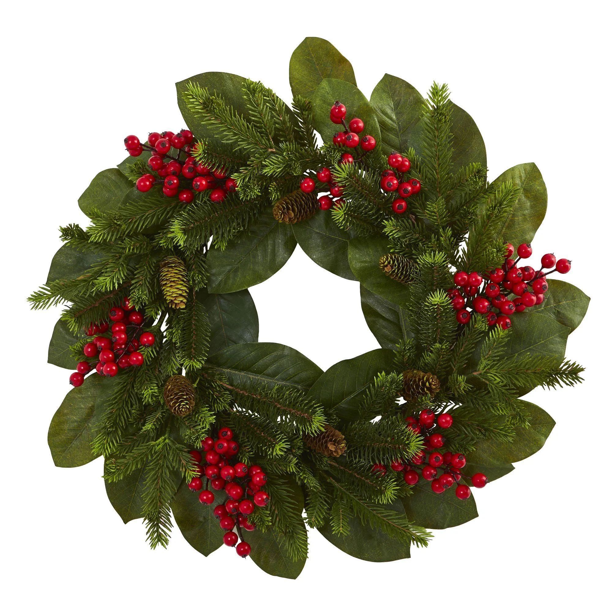 24” Magnolia Leaf, Berry and Pine Artificial Wreath | Nearly Natural