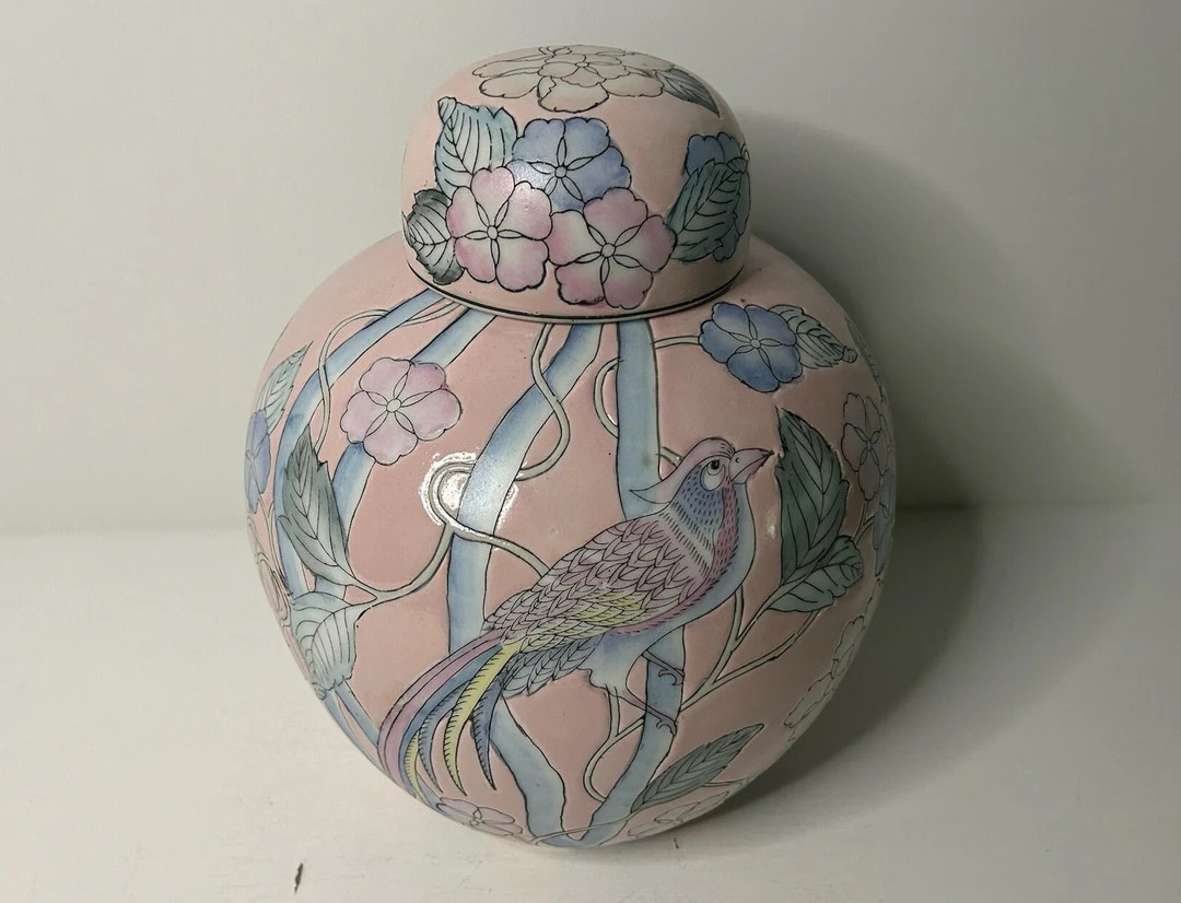 Large Vintage Pastel Pink Chinoiserie Ginger Jar With Birds and Flowers 10 Inches - Etsy | Etsy (US)