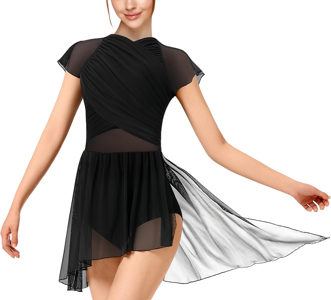 WYHDY Women Dance Dress Flutter Sleeve Mesh Skirted Leotard Lyrical Costume, Water-Drop Hollow Ba... | Amazon (US)