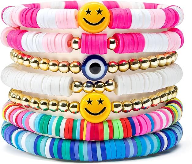 Y1tvei 7Pcs Heishi Surfer Bracelets Set Colorful Preppy Happy Smile Evil Eye Beaded Stretch Clay ... | Amazon (US)