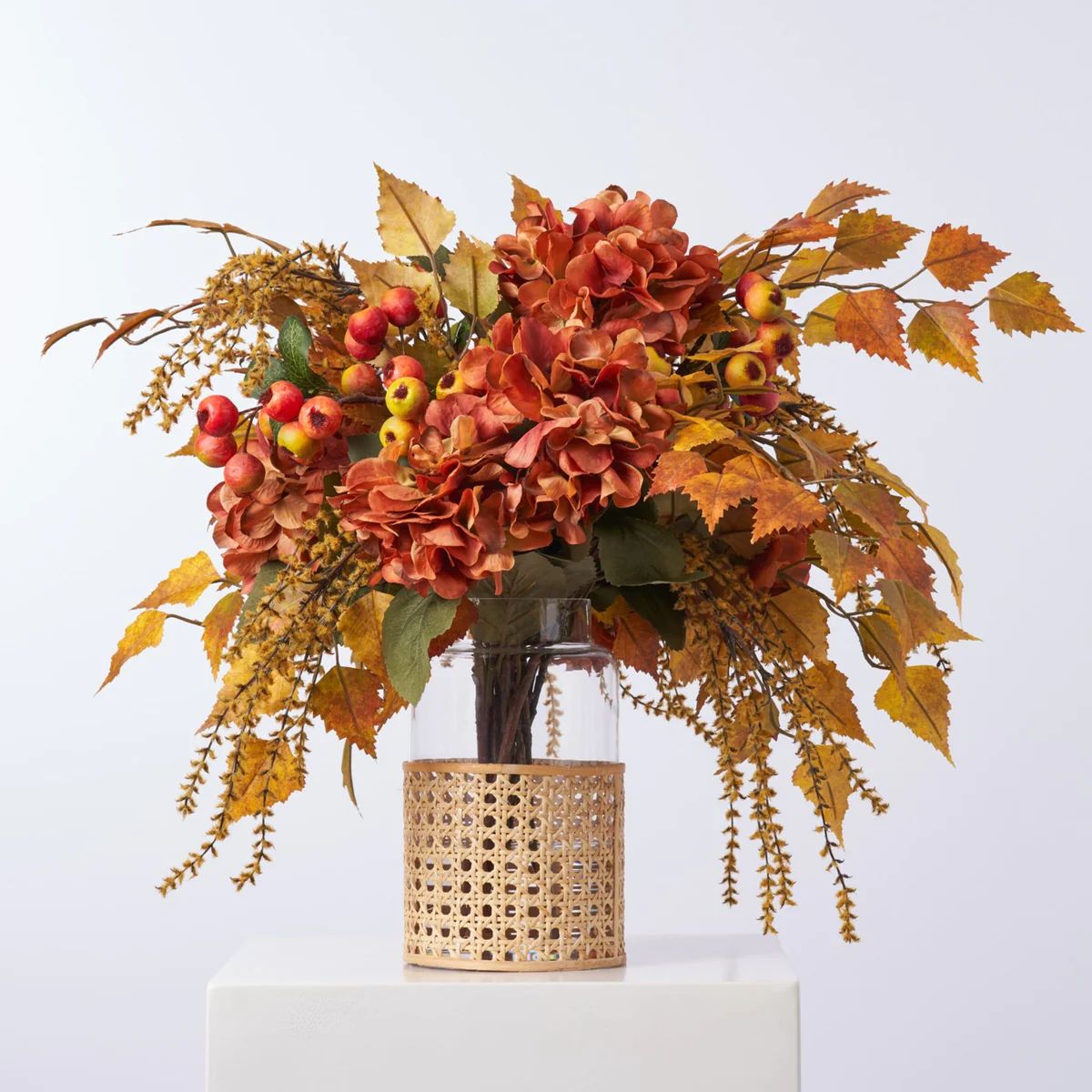 Golden Hour Fall Hydrangea, Birch Leaf, Orange Crater Berry & Yellow Astilbe In Rattan Wrapped Va... | Darby Creek Trading