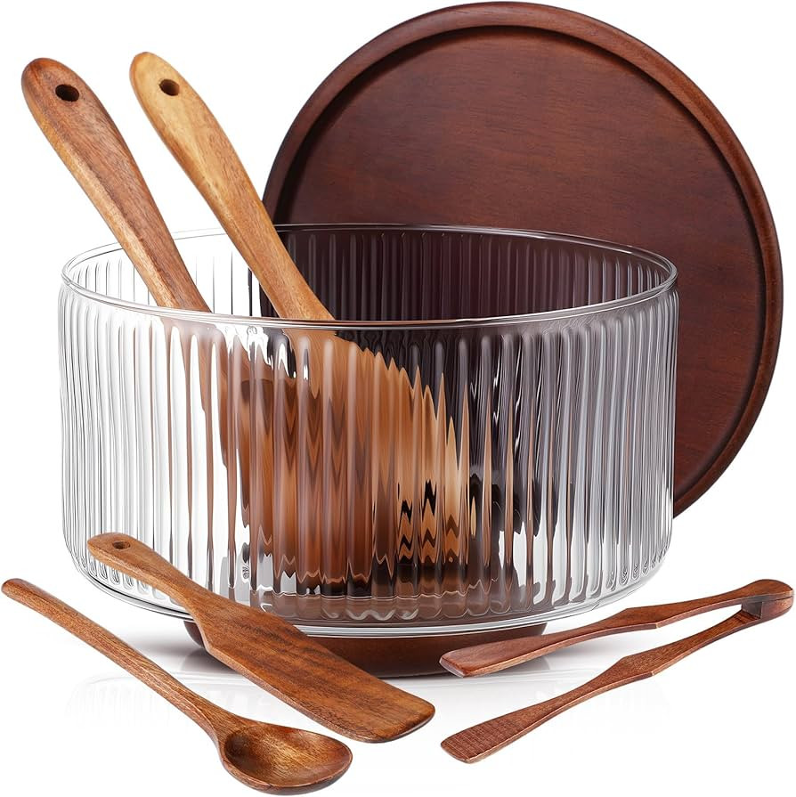 Large Ribbed Glass Salad Bowl Set, Party Salad Bowl with Wood Base and Lid as Cheese Charcuterie ... | Amazon (US)