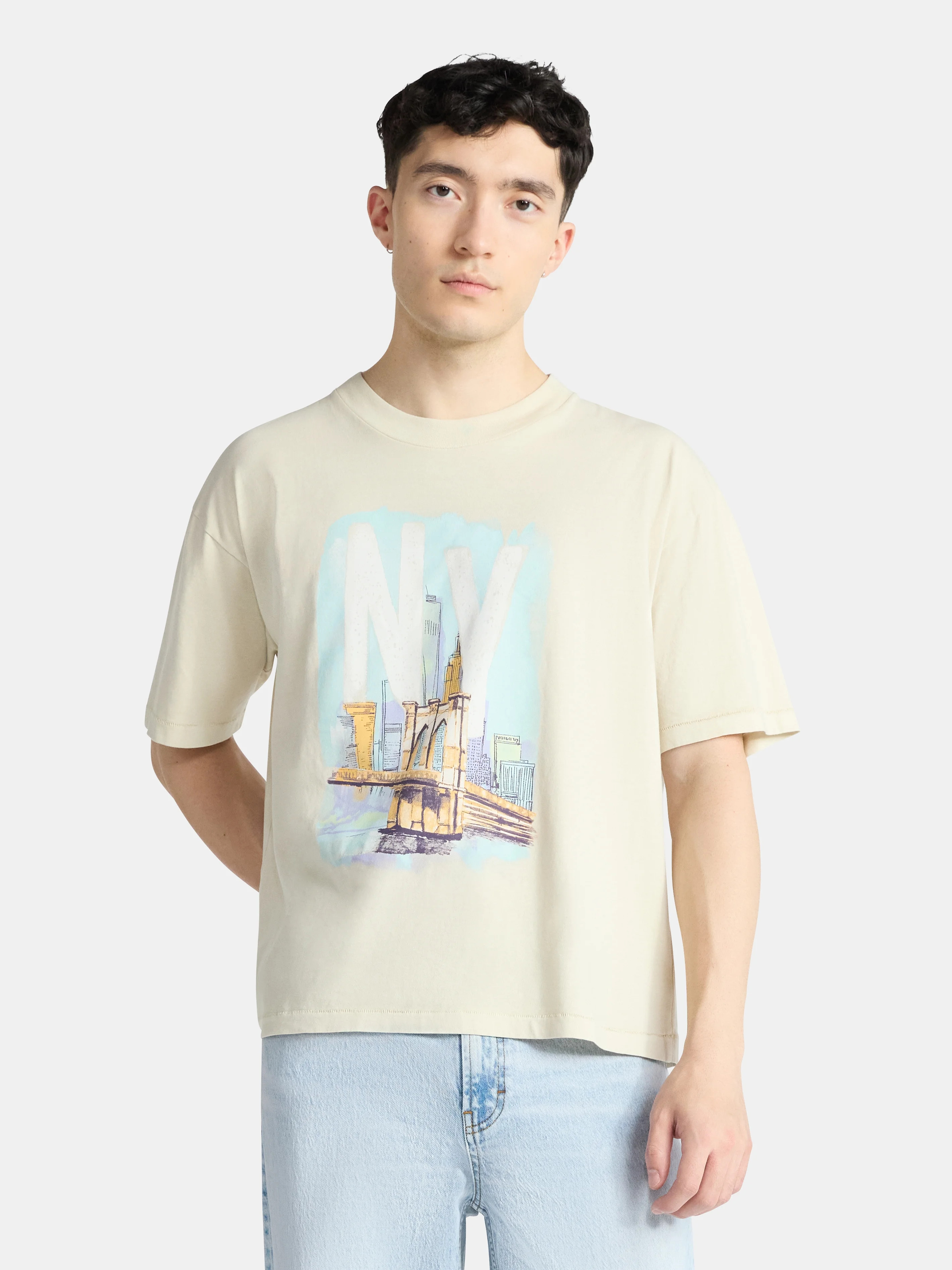 No Boundaries Oversized Boxy Fit Cropped Length New York City Graphic Tee Shirt, Men's & Big Men'... | Walmart (US)
