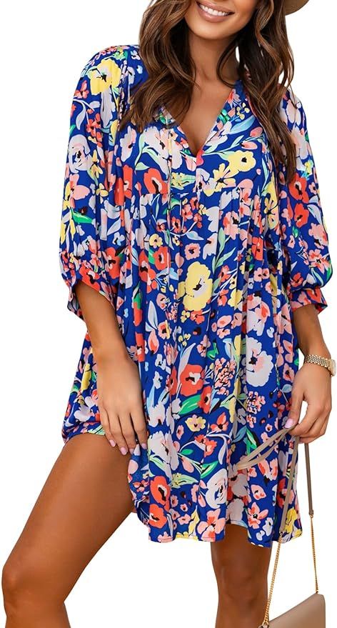 miduo Womens Casual V Neck Summer Half Sleeve Bohemian Floral Mini Tunic Short Dresses | Amazon (US)