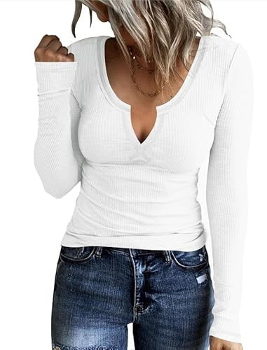 AKEWEI White Long Sleeve Shirts for Women Trendy Clothes Ribbed Long Sleeve Cute Tops Vneck Casual Blouse Slim White XXL | Amazon (US)