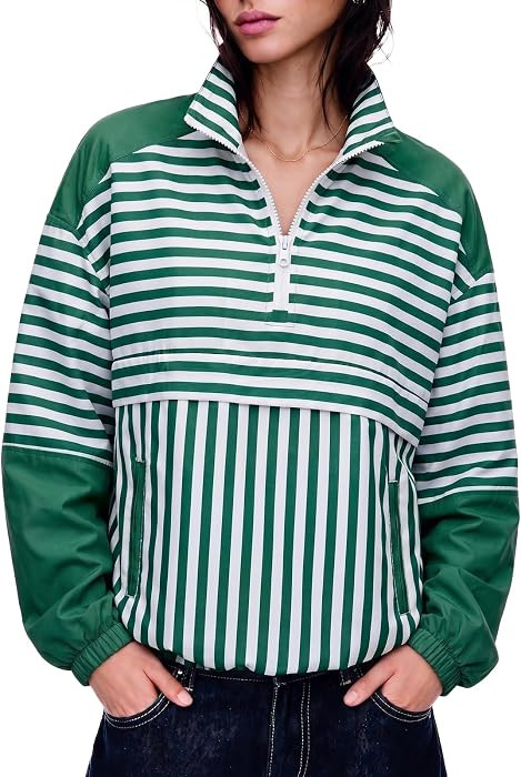 Fisoew Quarter Zip Pullover Women Striped Windbreaker Jacket Collared Top | Amazon (US)