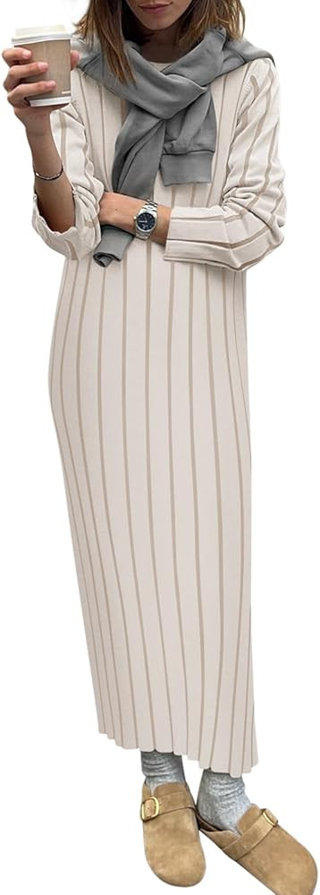 Yousify Womens 2025 Trendy Spring Long Sleeve Sweater Dresses Casual Round Neck Split Hem Striped... | Amazon (US)