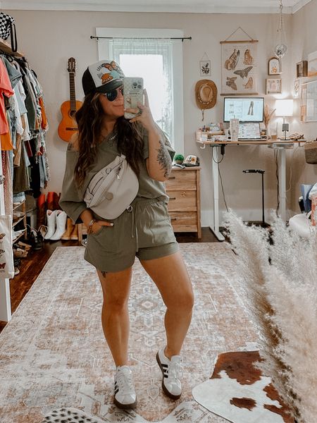 2 piece set 3 ways! Casual comfy cozy errands outfit with 2 piece set. Wearing medium in green two piece set. Sneakers do run slightly big but run TTS. Belt bag white and adjustable.  and trucker hat from small boutique 

#LTKU #LTKSeasonal