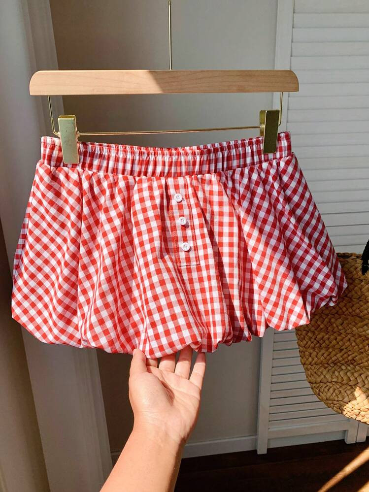 Comfortcana Summer Cute Women's Summer Button Decor Red Plaid Woven Shorts | SHEIN