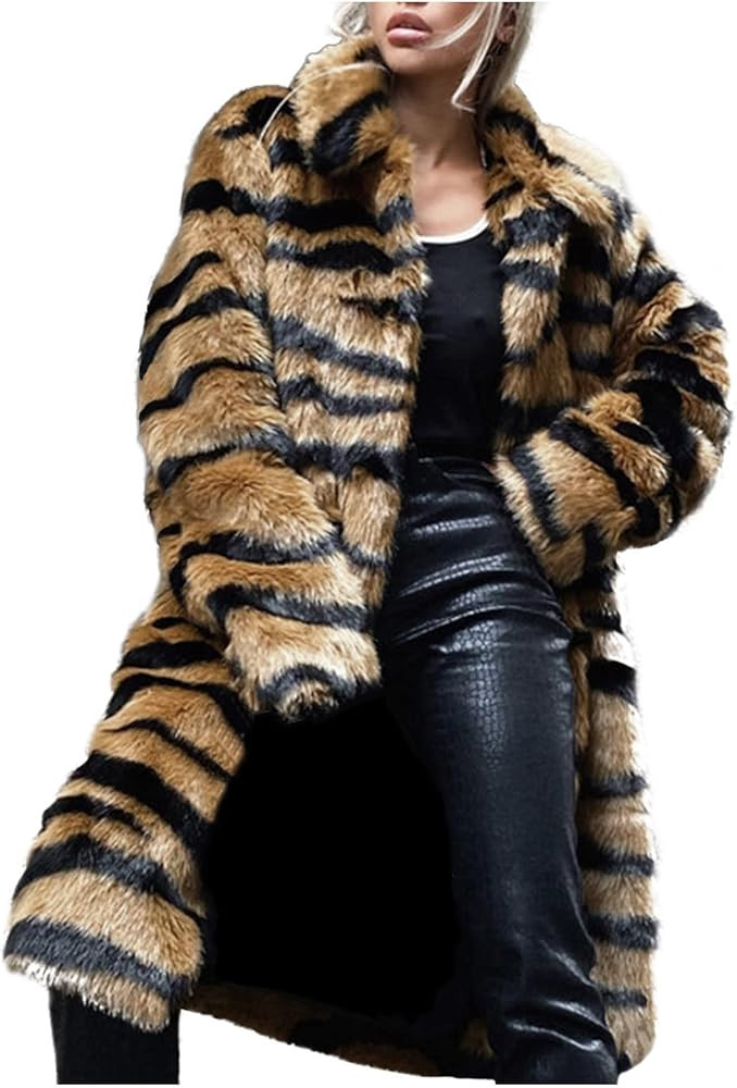 PANOEGSN Women's Warm Leopard Faux Fur Coats Jacket Long Luxury Tiger Furry Collared Overwear Par... | Amazon (US)