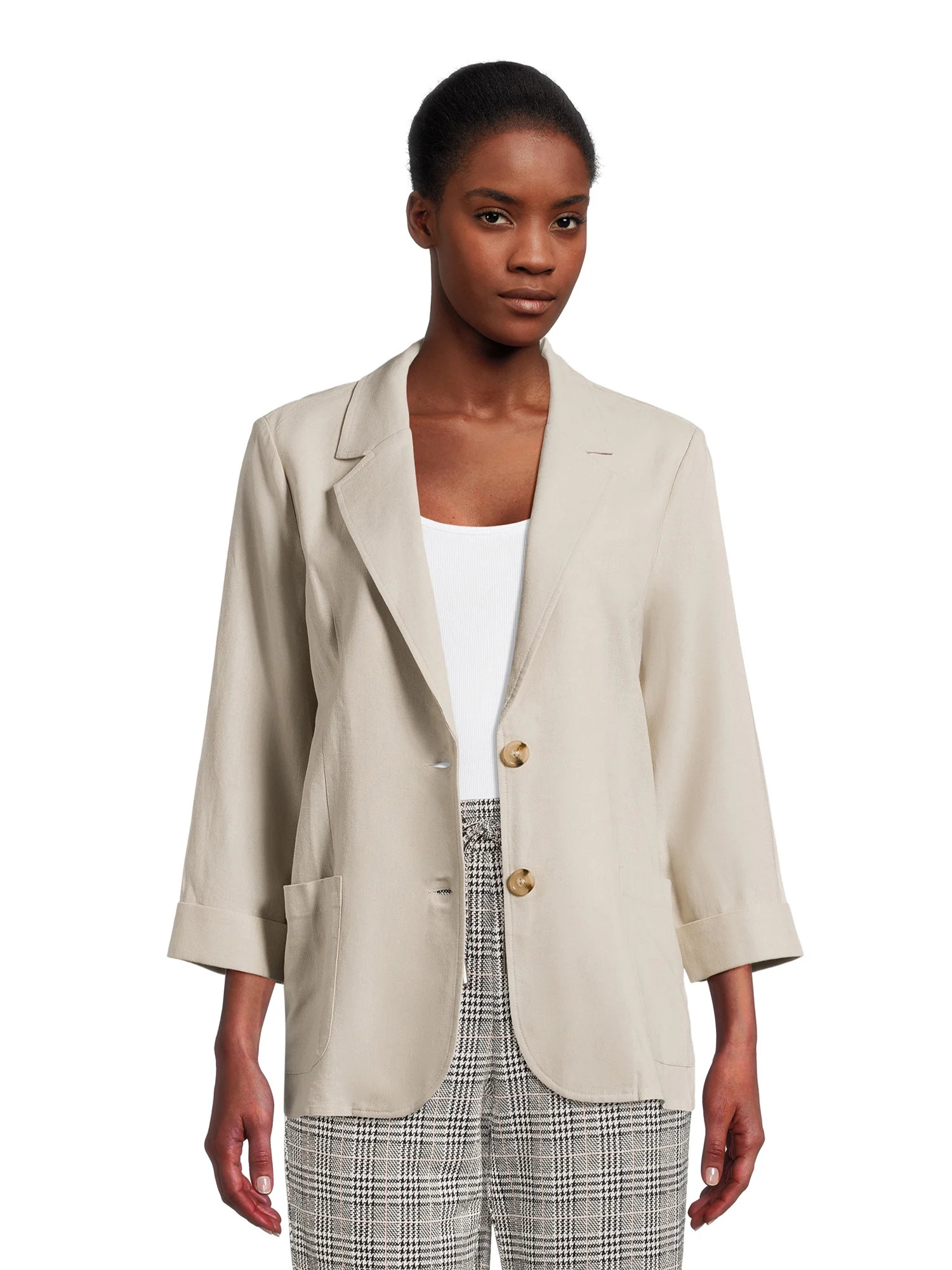 Time and Tru Women’s Linen-Blend Button Front Blazer with Patch Pockets, Sizes S-XXXL | Walmart (US)