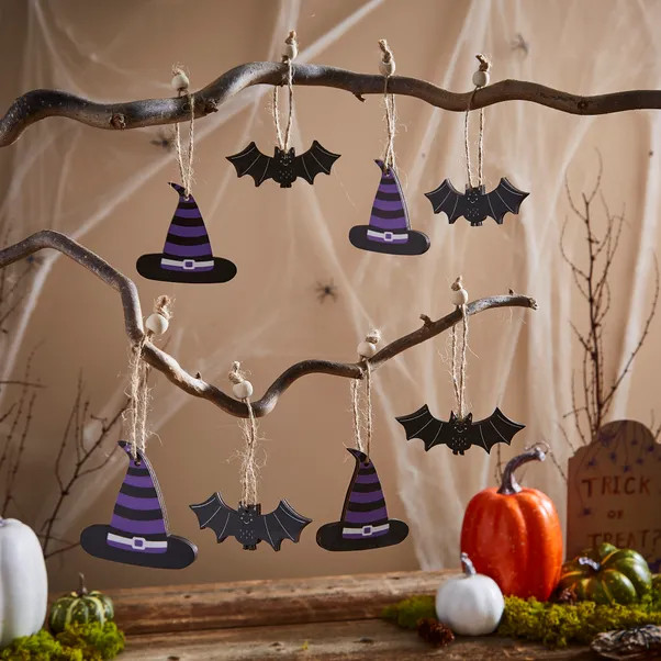 Set of 8 Halloween Hanging Wooden Decorations | Dunelm