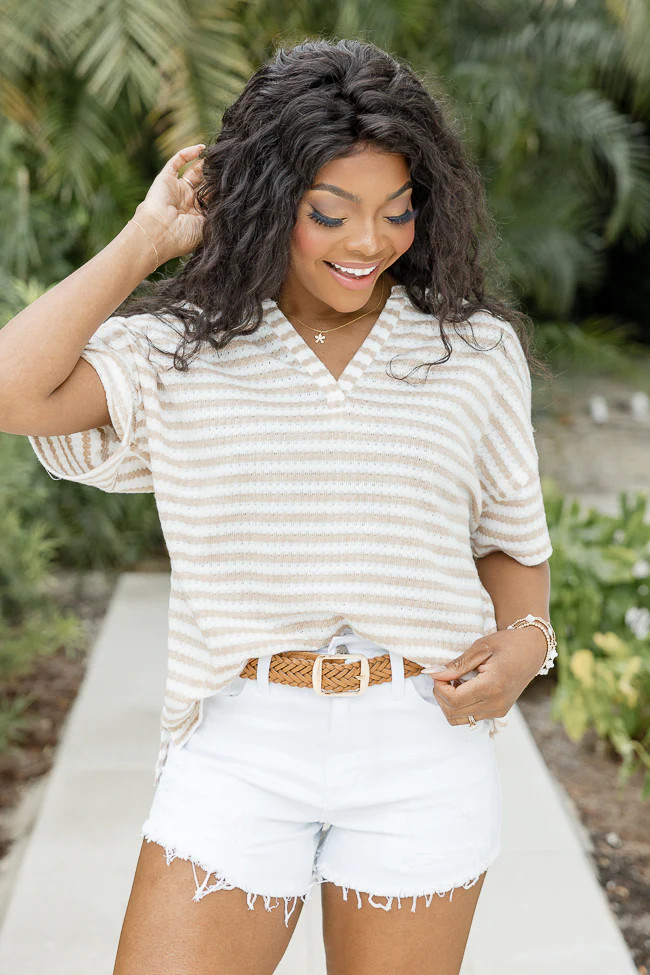 Well Known Beige And Cream Striped Pocketed Sweater | Pink Lily