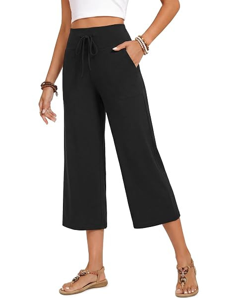 Anyhold Women's Capri Pants Drawstring Casual Palazzo Trousers with Pockets Loose High Waisted Wi... | Amazon (US)