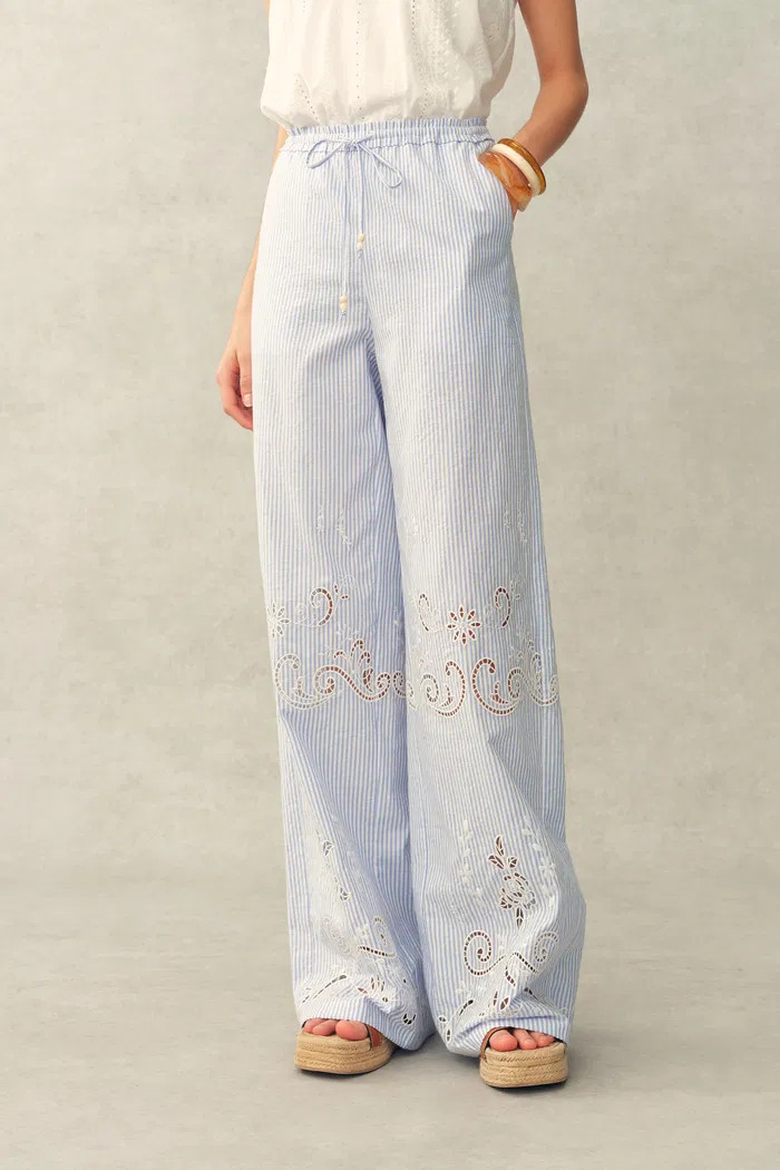 Holly Striped Embroidered Drawstring Wide Leg Pant in Crinkled Cotton | Fabrique