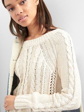 Gap Womens Raglan Cable-Knit Pullover Oatmeal Heather Size L Tall | Gap US