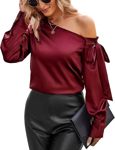 VIDUSSA Women's Off Shoulder Tops Satin Silk Shirts Casual Dressy Blouse Long Sleeve Office Work ... | Amazon (US)