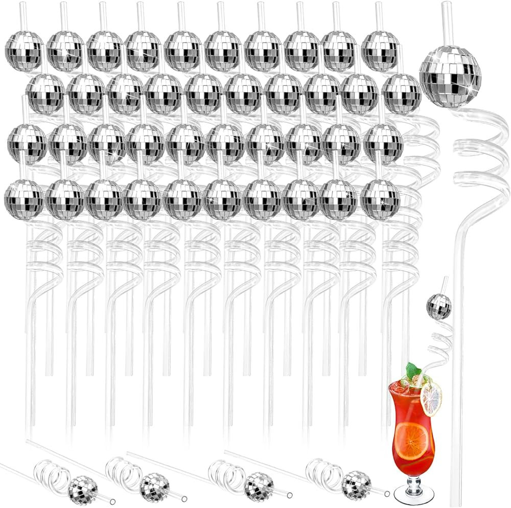 40 Pieces Disco Ball Straws 70s Mirror Disco Decorative Silver Straws Mini Disco Straw Decor Disc... | Amazon (US)