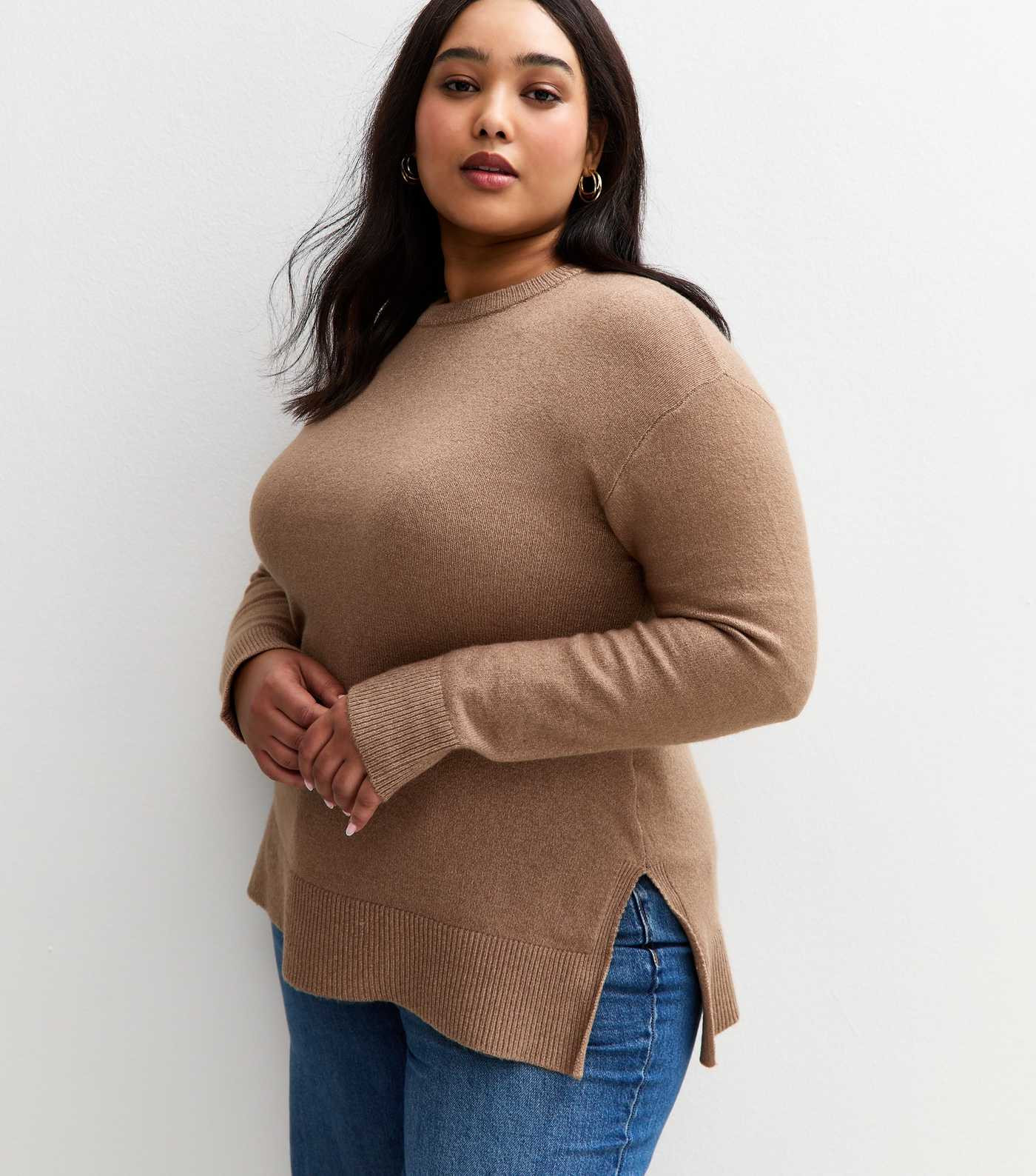 Curves Brown Crew Neck Split Hem Jumper | New Look | New Look (UK)