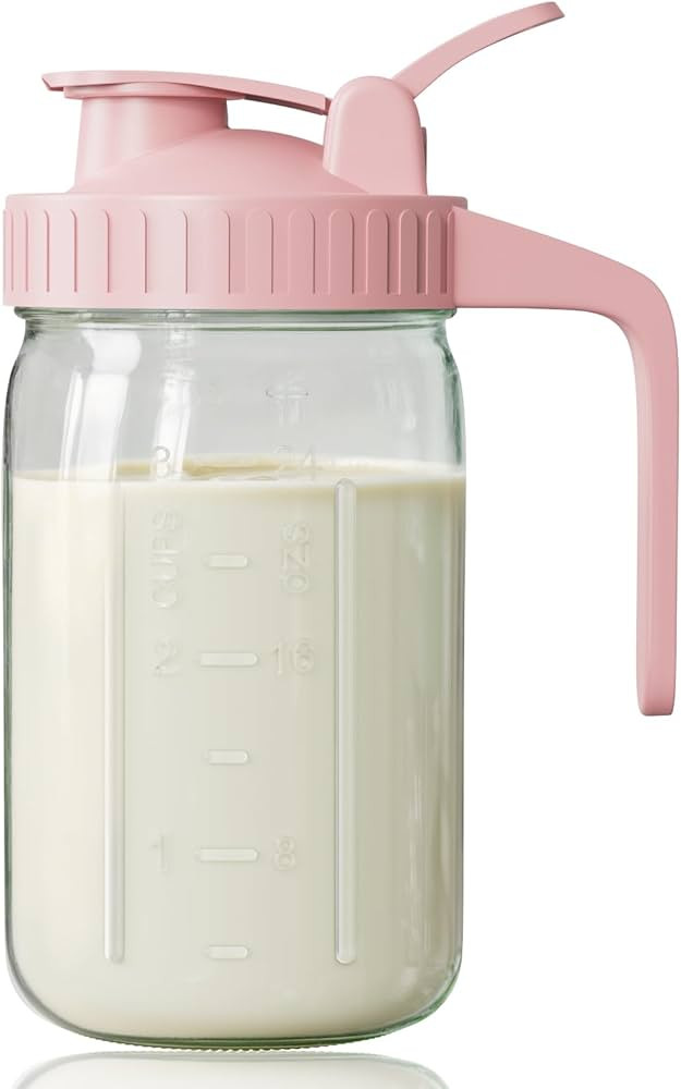 Breast Milk Pitcher, Mason Jar 32 oz, Heavy Duty Wide Mouth Jar with Pink Flip Cap Lid and Pour S... | Amazon (US)