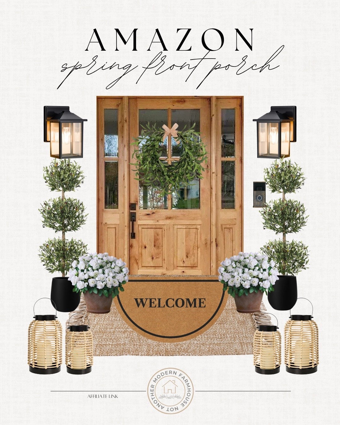 Amazon spring front porch refresh with classic greenery, warm lighting and layered neutral textures for that welcoming, elevated entry. 🌿