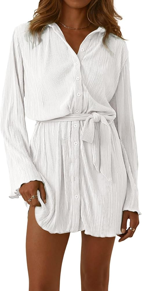 LYANER Women's Collar V Neck Button Down Pleated Long Sleeve Mini Shirt Dress with Belt | Amazon (US)