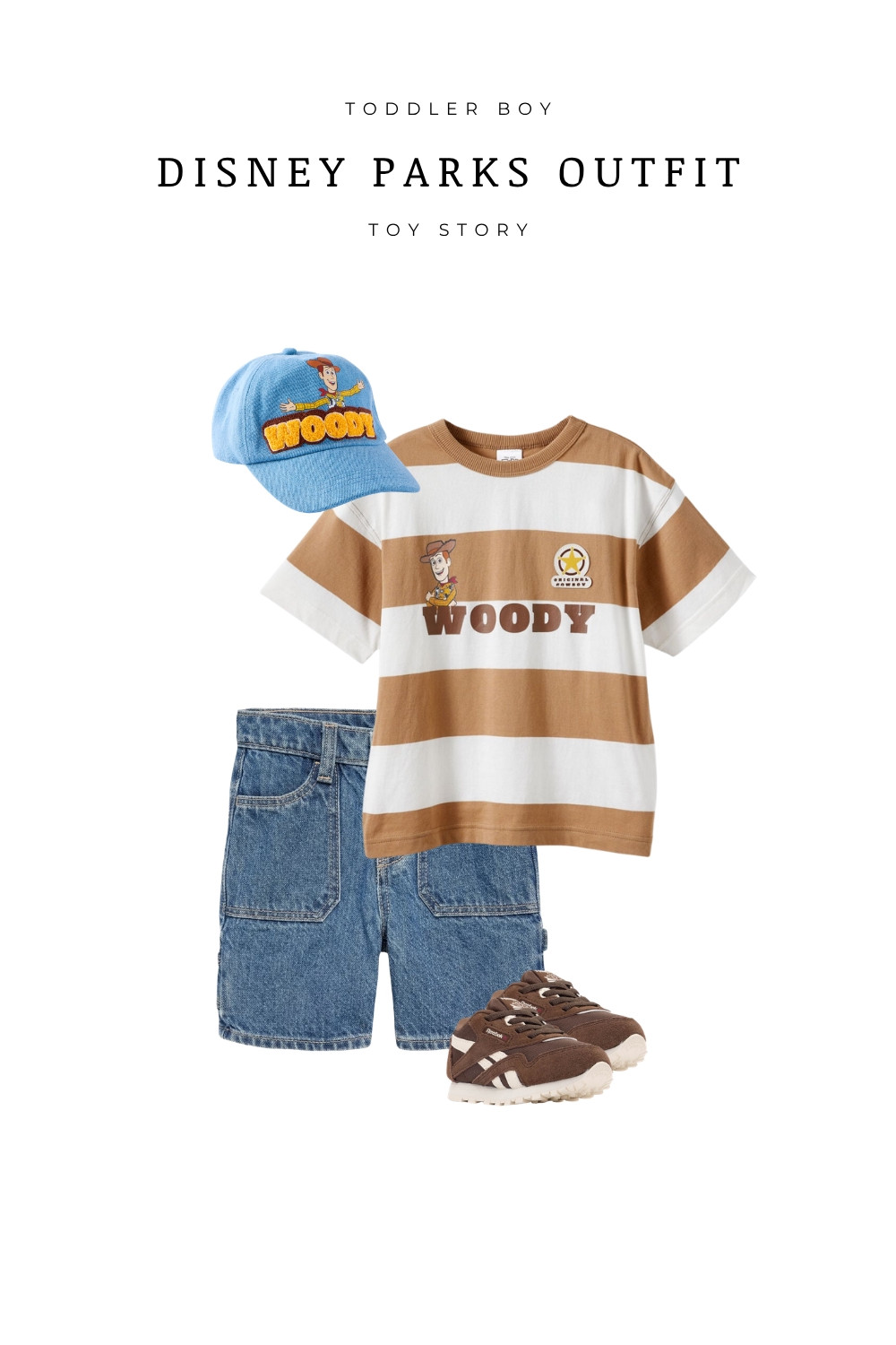 Adorable Toy Story Woody outfit for toddler boys featuring a striped Woody tee, denim shorts, sneakers, and matching Woody hat. Perfect Disney Parks outfit for kids, Disneyland outfit idea, or Pixar-inspired summer look. Comfortable, cute, and ideal for family vacations, Disney trips, and themed park days.

#LTKootd
