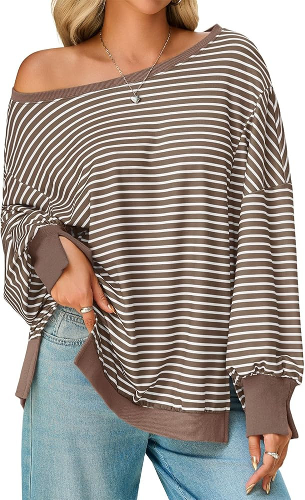 Tankaneo Womens Striped Oversized Sweatshirt Off The Shoulder Lantern Long Sleeve Top Split Fall ... | Amazon (US)