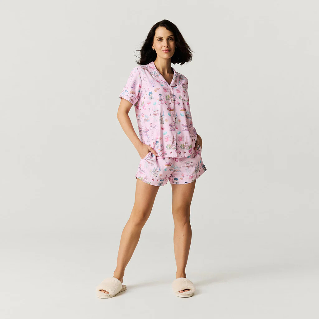 Travel Pink Short Sleeve Posh Paris Women's Twill Pajama Short Set | Posh Peanut® | Posh Peanut