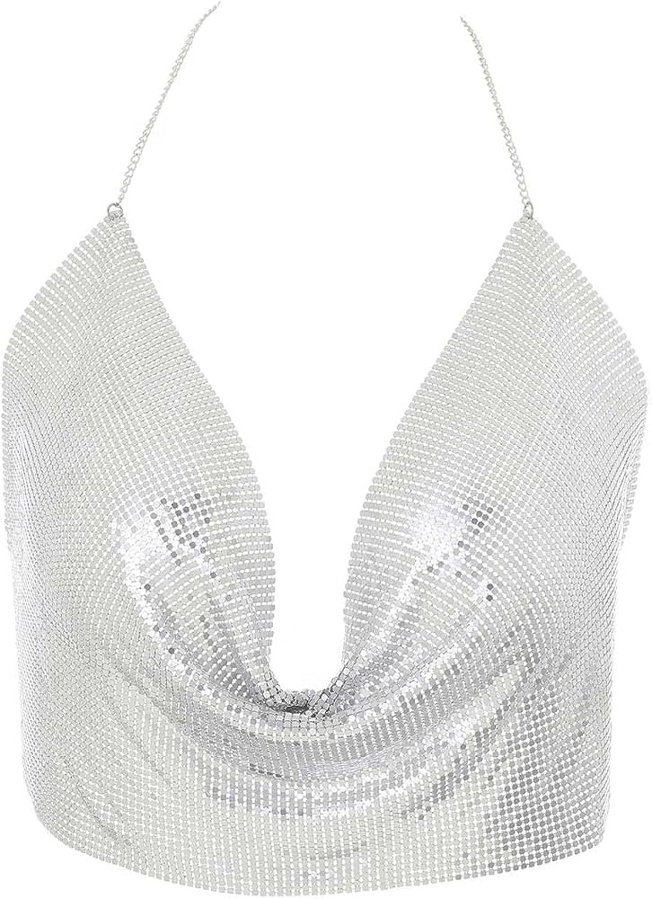 IYOU Glitter Metal Body Chain Sequin Vest Crop Tops Deep V Chain Halter Backless Top Nightclub Pa... | Amazon (UK)