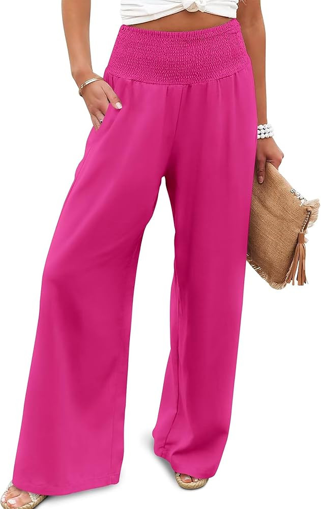 JZC Womens Wide Leg Pants Elastic High Waisted Palazzo Pants Summer Flowy Casual Trousers Beach T... | Amazon (US)