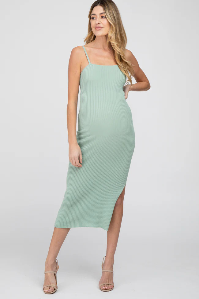 Mint Green Ribbed Square Neck Side Slit Maternity Midi Dress | PinkBlush Maternity