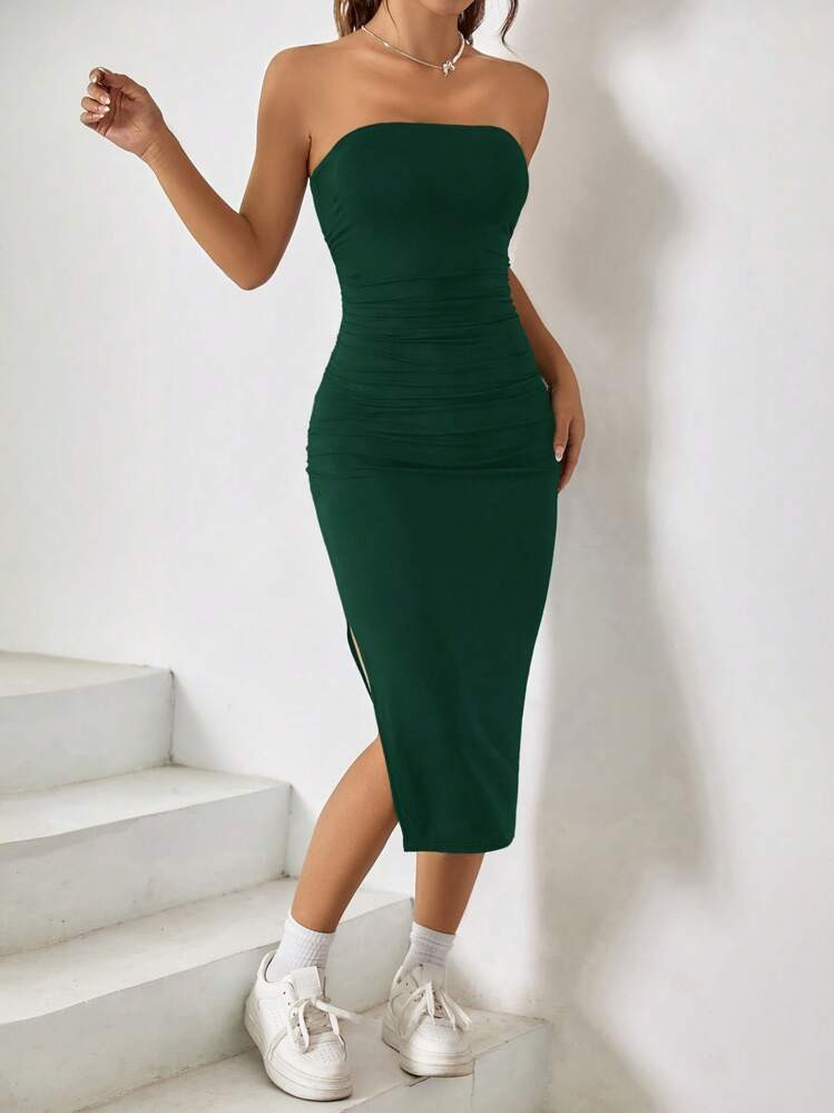 SHEIN EZwear Solid Split Thigh Tube Bodycon Dress | SHEIN