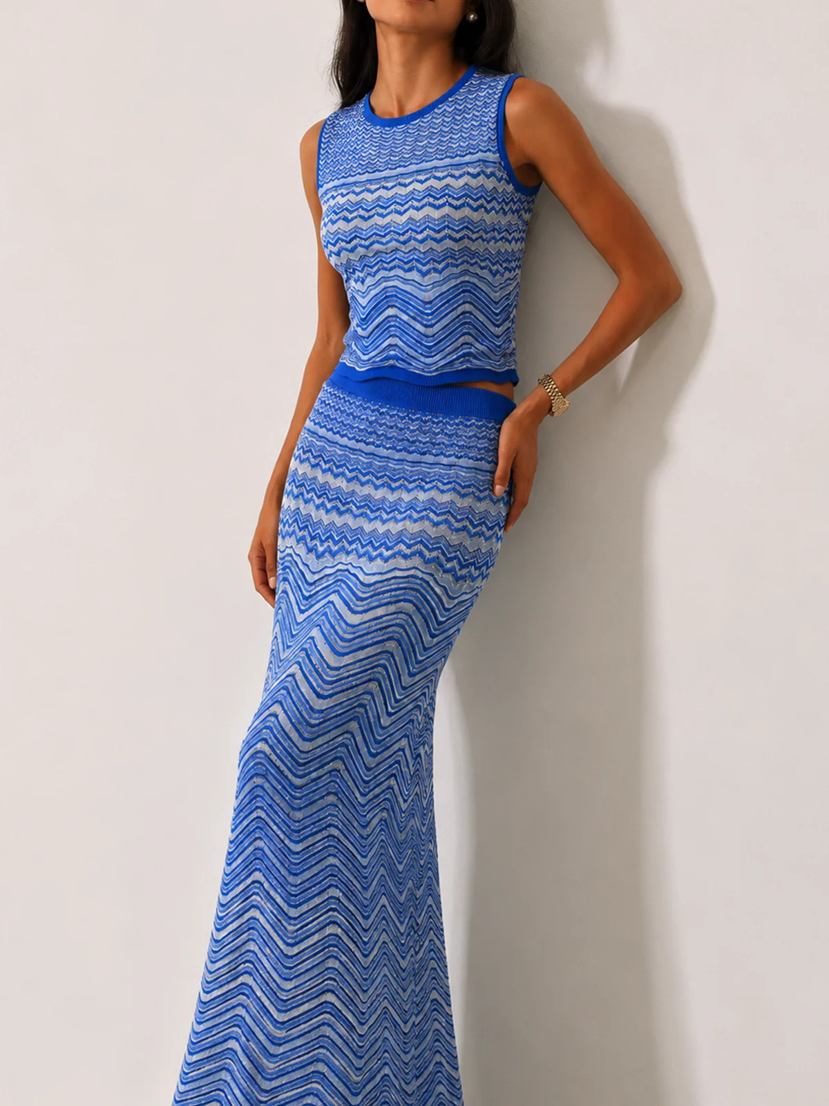 Chevron Knit Sleeveless Top & Maxi Skirt Set | Commense