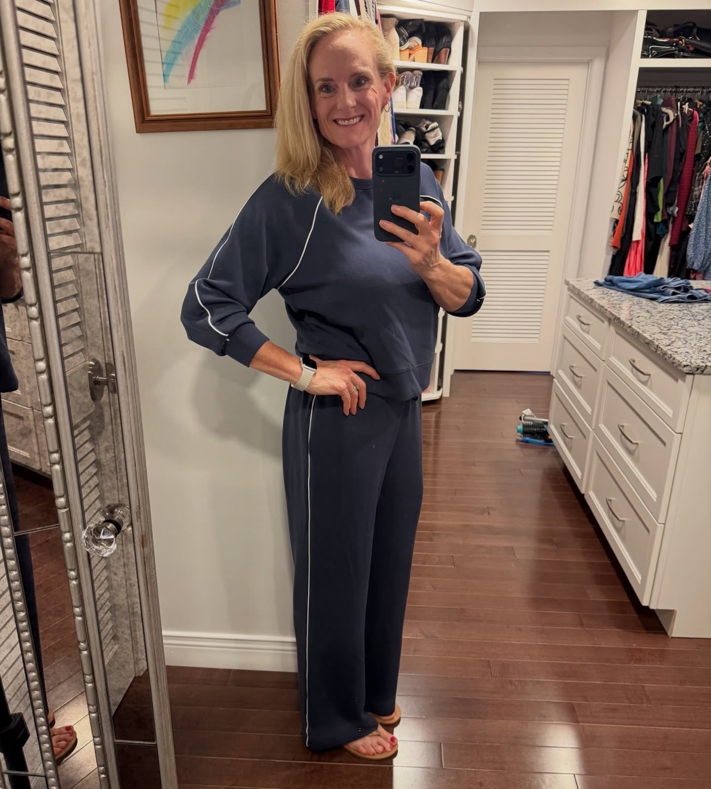 Stormy weather and snuggle vibes in Indiana ☔️ Wearing my @danskinapparel set from @tjmaxx !  It’s super soft and comfy… better than expensive! Flops are from @walmart ! #solesurvivorstyle #ootd #indianafashion #busymomfashion #over40fashion