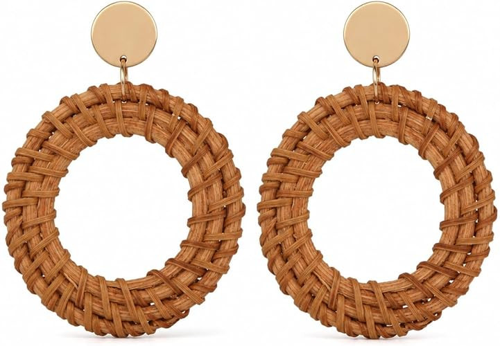 Handmade Raffia Rattan Bohemian Dangle Earrings for Women, Woven Rattan Round Drop Dangle Earring... | Amazon (US)