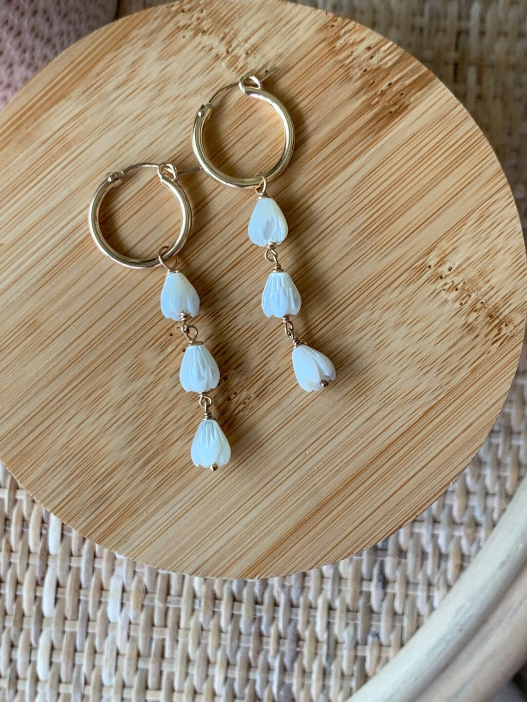 Valued Collection-triple Pikake Earrings on Gold Hoops, Pikake Earrings, Dangling Pikake Gold Hoo... | Etsy (US)