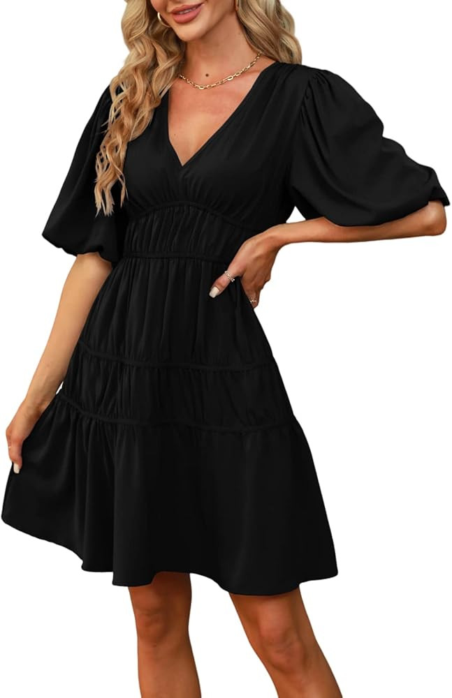 Fisoew Womens V Neck Dresses Half Puff Sleeve Empire Waist A-Line Casual Smocked Short Babydoll M... | Amazon (US)