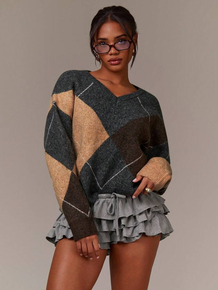 Athîral Women's Khaki & Grey Argyle V-Neck Crochet Sweater | Retro Patterned Relaxed-Fit Knit ,Chic Autumn,Suitable For Commuting,British College Style,Warmth,Autumn/Winter,Winter Clothes For Women | SHEIN