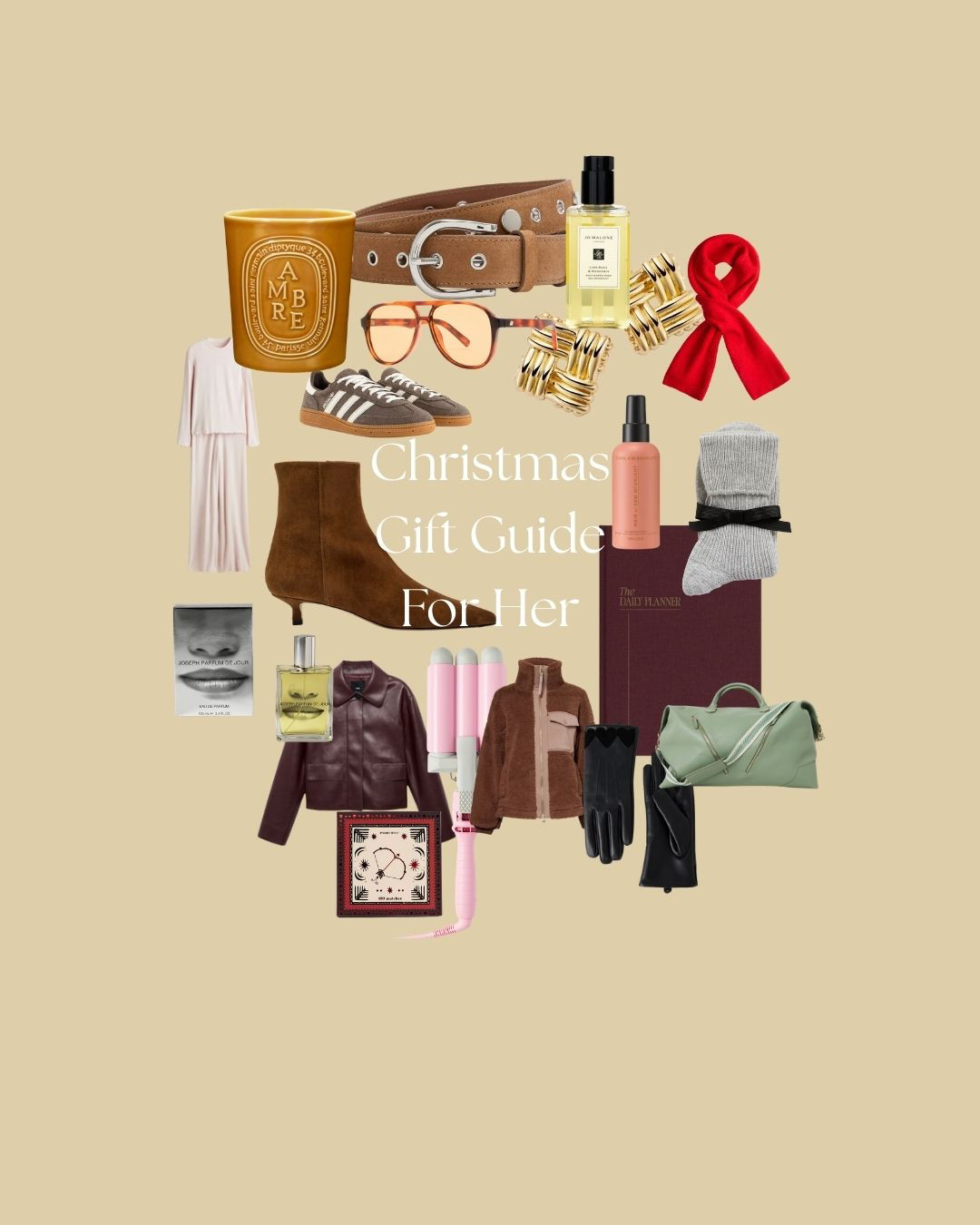 Shop my Christmas Gift Guide For Her. 

Leather Belt | Candle | Boots | Pajamas | Perfume | Leather Jacket | Matches | Fleece | Leather Gloves | Weekend Bag | Cashmere Socks | Hair Spray | Journal | Red Scarf | Body wash | Sunglasses | Trainers | Earrings 

 #LTKuk #LTKfestive #LTKgiftguide