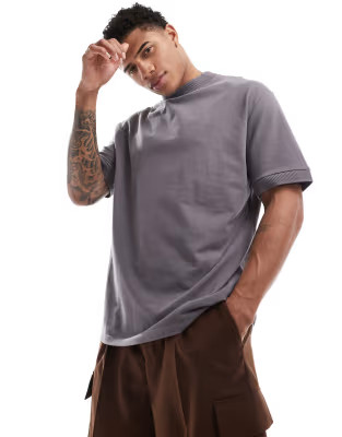 ASOS DESIGN relaxed pique T-shirt with ribbed detail in charcoal | ASOS (Global)