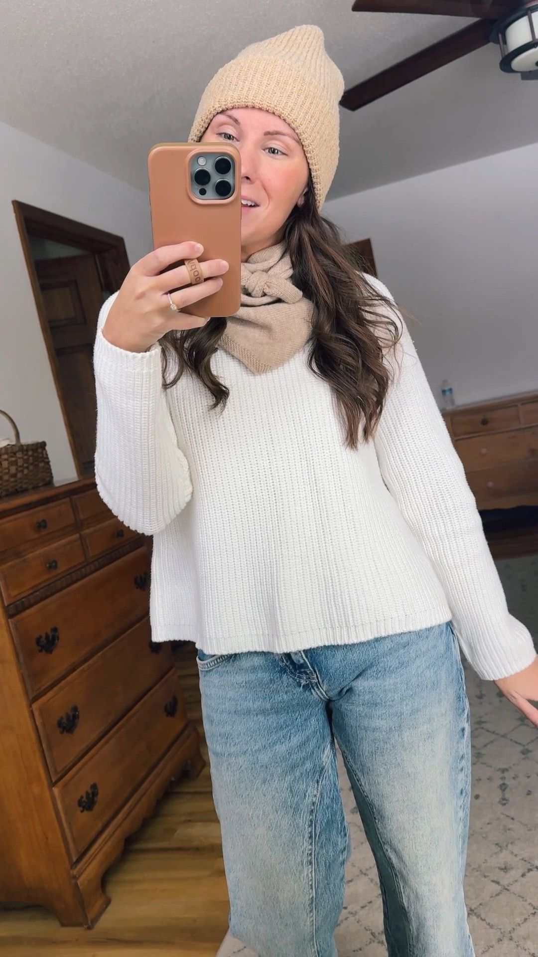 Wearing small in my cotton sweater (I also own it in black and tan—love it!), 24 short in my jeans (short is sold out but with the raw hem I think you could cut the regular if needed). And 6.5 in my blundstone boots!
Loving the triangle scarf trend. It reminds me of how I used to wear my scarves in college🥰

My hat is older from target so I linked some similar ones 




#LTKHoliday #LTKPetite #LTKSeasonal